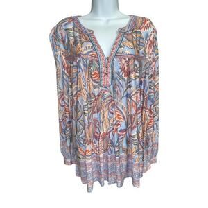 Democracy 2X Top Blue Orange Green Floral Soft Rayon Peasant BOHO Long Sleeves